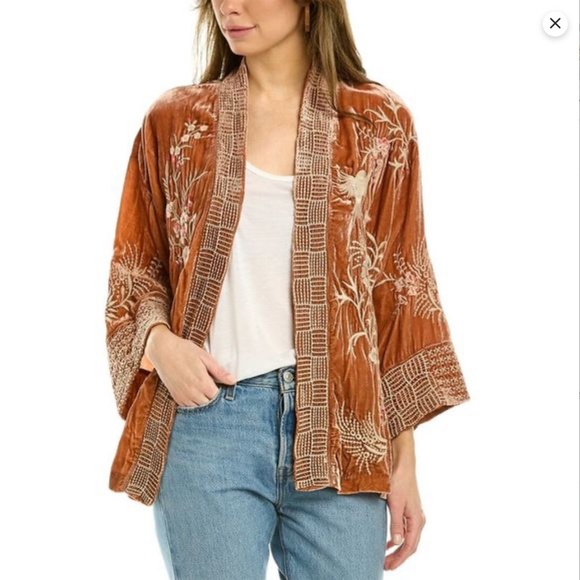 Johnny Was Valentina Peach Persimmon Velvet Cropped Kimono Small - Picture 1 of 12